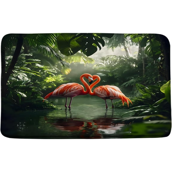 Rainforest Flamingo Bath Mat Tropical Jungle Animal Forest Palm Leaf Green Plant Nature Botanical Bathroom Bath Rugs Microfiber Memory Foam(16x24 Inch)
