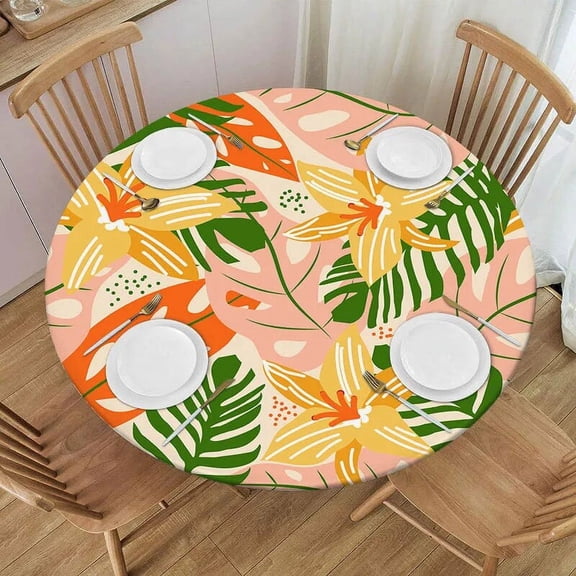 Rainforest Flower Round Tablecloth Floral Waterproof Elastic Edged Plant Leaf Print Fitted Table Cover for Indoor Outdoor Home
