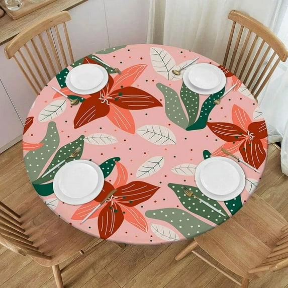 Rainforest Flower Round Tablecloth Floral Waterproof Elastic Edged Plant Leaf Print Fitted Table Cover for Indoor Outdoor Home
