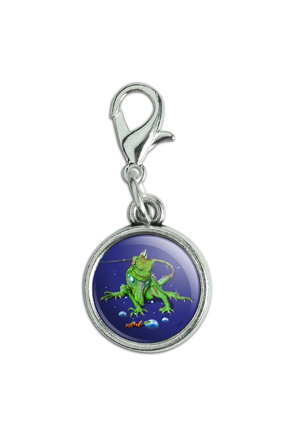 Rainforest Iguana and Caterpillar Antiqued Bracelet Pendant Zipper Pull Charm with Lobster Clasp
