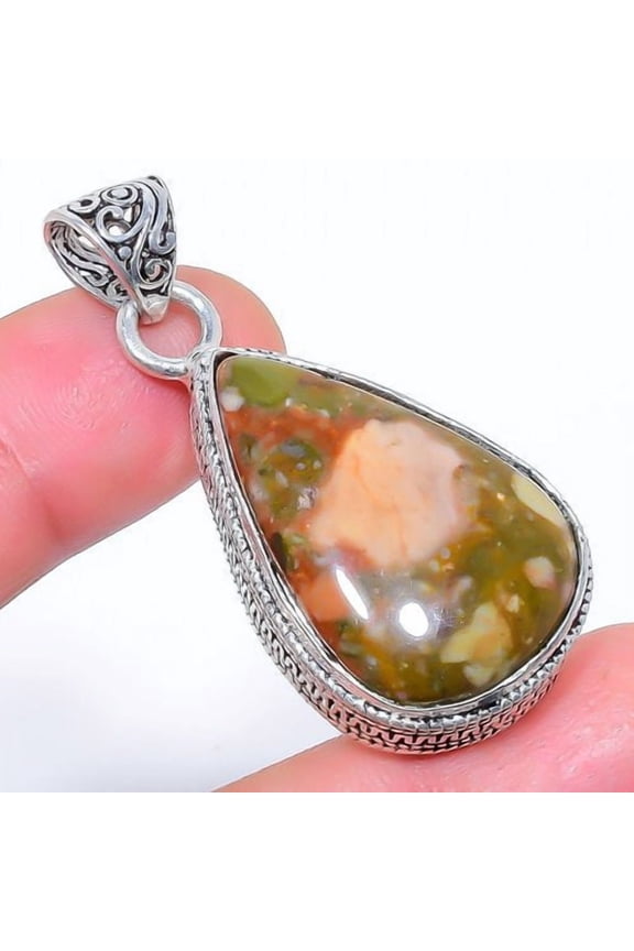 Rainforest Jasper 925 Silver Plated Jewelry Pendant 1.9" M1446