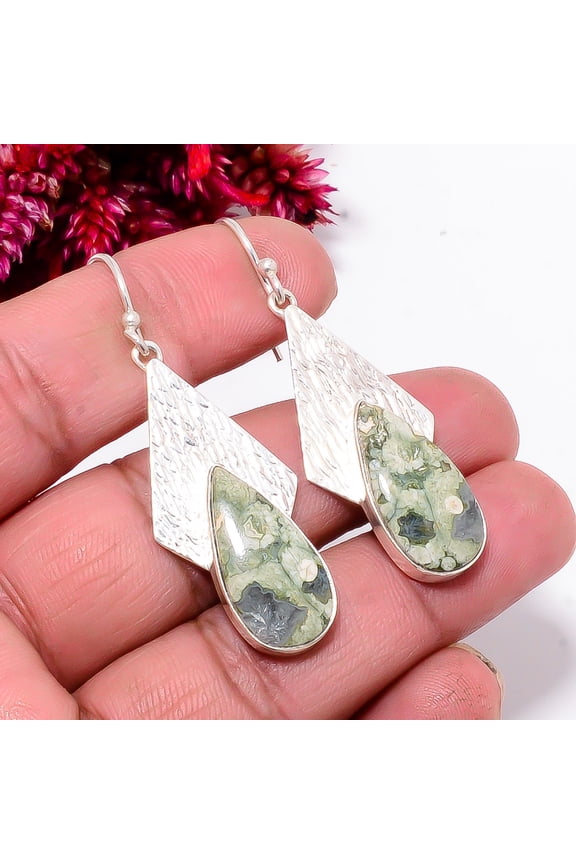 Rainforest Jasper - Australia Designer Handmade 925 Sterling Silver Earring 2.15" Sku17, Olive Earring, Natural Gemstone Earring