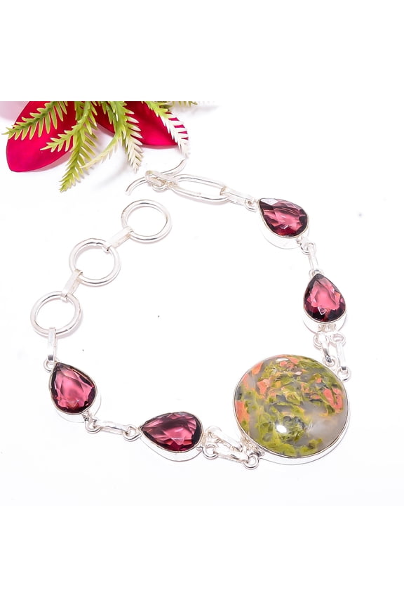 Rainforest Jasper, Pink Tourmaline 925 Sterling Silver Bracelet 7.99" B11