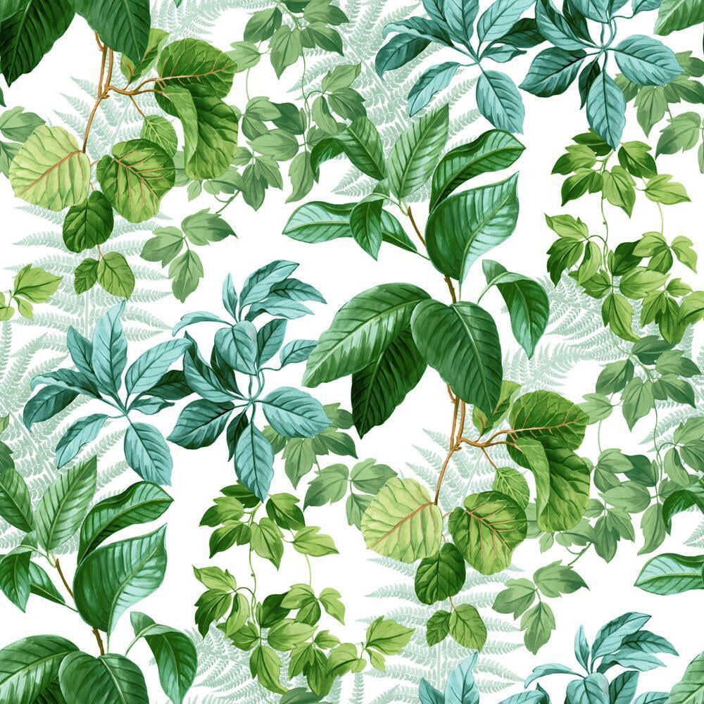 Green and White Tropical Leaves Peel and Stick Wallpaper Roll