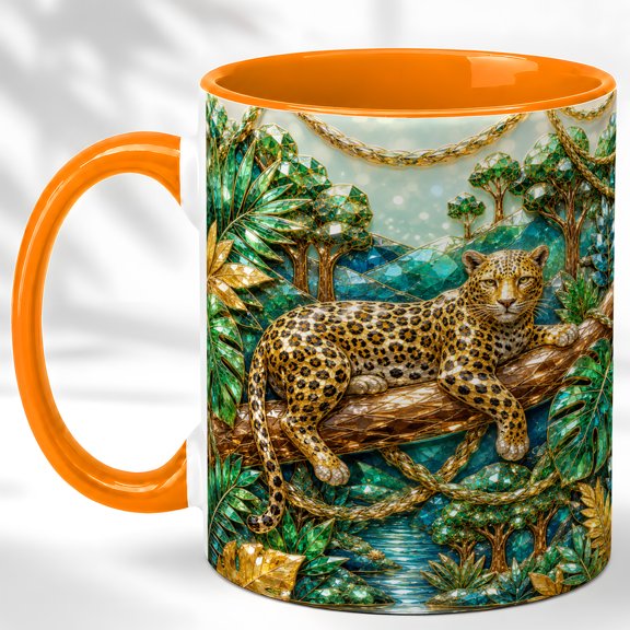 Rainforest Leopard Coffee Mug, Jungle Cat Mug, Ceramic 11 oz