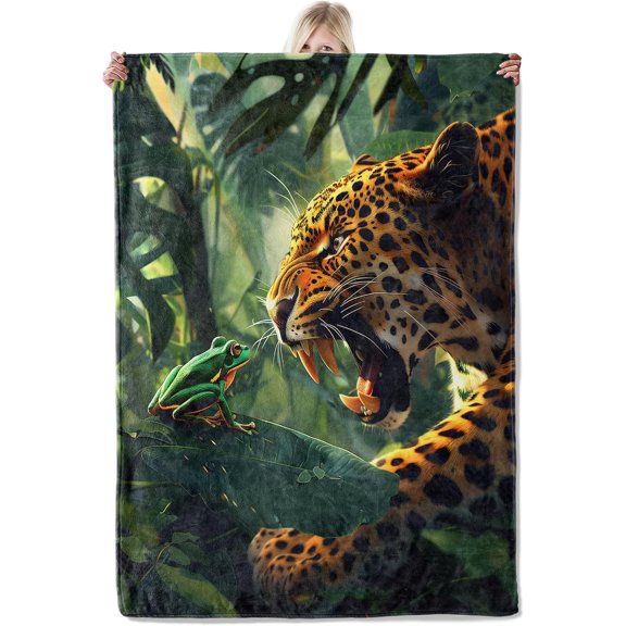 Rainforest Leopard Frog Battle Throw Blankets 50x60 Inches, Ultra Soft Cozy Warm Fuzzy Gifts for Kids Adults, Jungle Wildlife Pattern Polyester Blanket for Travel Camping Sofa Living Room Decor