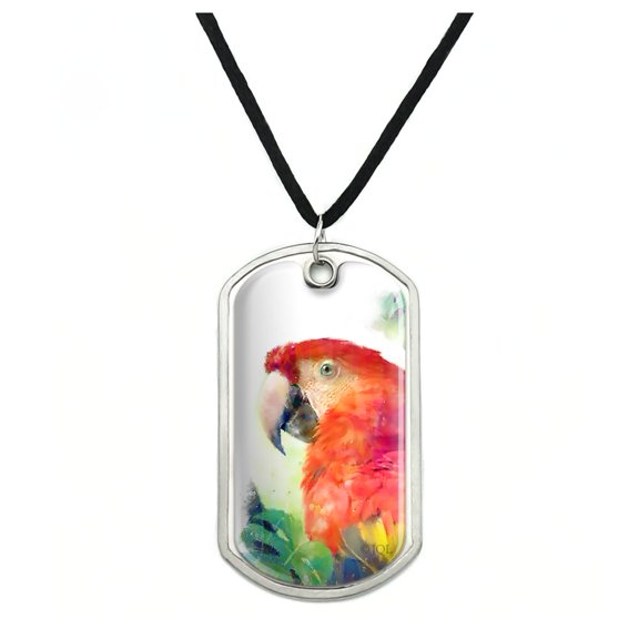 Rainforest Macaw Parrot Tropical Watercolor Military Dog Tag Pendant Necklace with Cord