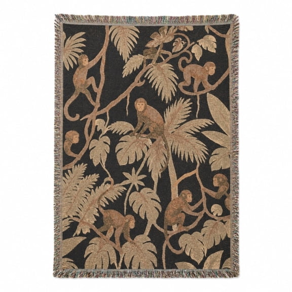 Rainforest Monkey Woven Cotton Blanket with Fringe, Tropical Animal Throw, 52X37IN 60X50IN 80X60IN