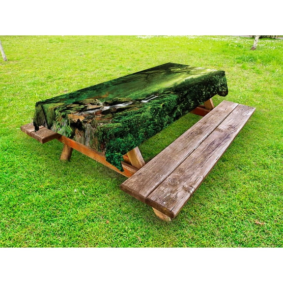 Rainforest Outdoor Tablecloth, Forest in Nepal Footpath Wildlife Spring Plant and Stones Moisture Water Print, Decorative Washable Fabric Picnic Tablecloth, 58 X 104 Inches, Green Brown, by Ambesonne