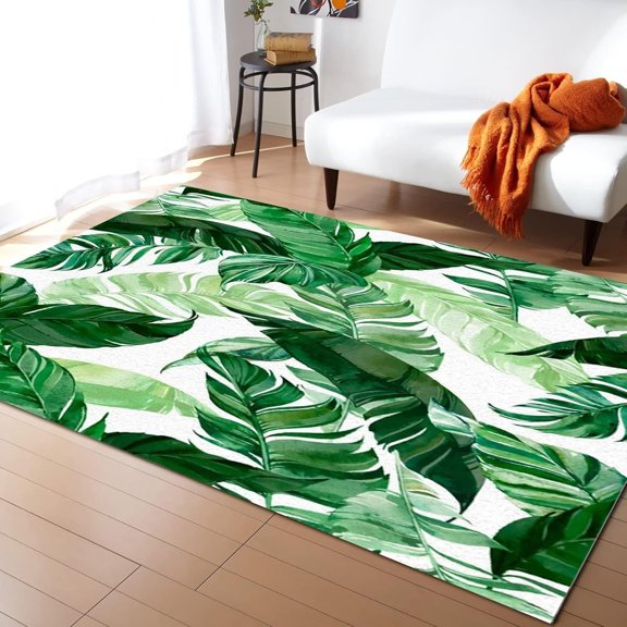 Rainforest Palm Tree Green Leaves Area Rug, Simple And Clear Indoor Non-Slip Kids Rugs, Machine Washable Breathable Durable Carpet For Front Entrance Floor Decor