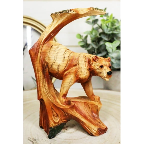 Rainforest Prowling Bengal Tiger Faux Wood Cutout Carving Resin Figurine 5"Tall