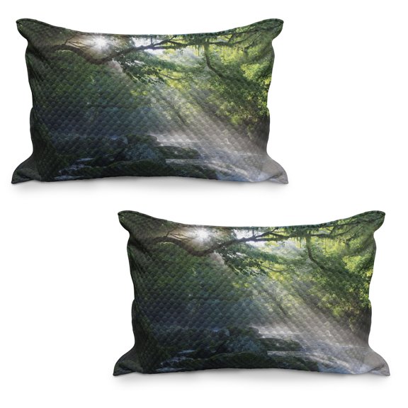 Rainforest Quilted Pillowcover Set of 2, Stream in the Jungle Stones Under Shadows of Trees Sun Rays Mother Earth Theme, Standard Queen Size Pillow Cover Bedroom, 36" x 20", Green White, by Ambesonne