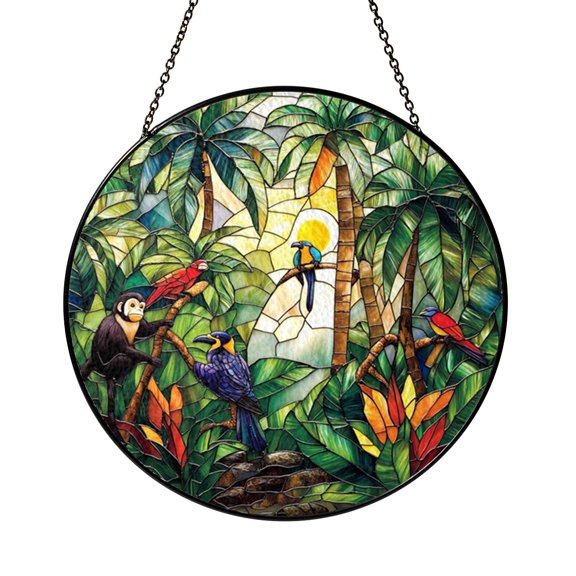 Rainforest Scene Stained Glass Suncatcher Window Hanging, Colorful Birds and Tropical Flowers Round Glass Art Panel, Nature Inspired Jungle Window Decor, Decorative Hanging Ornament for Home