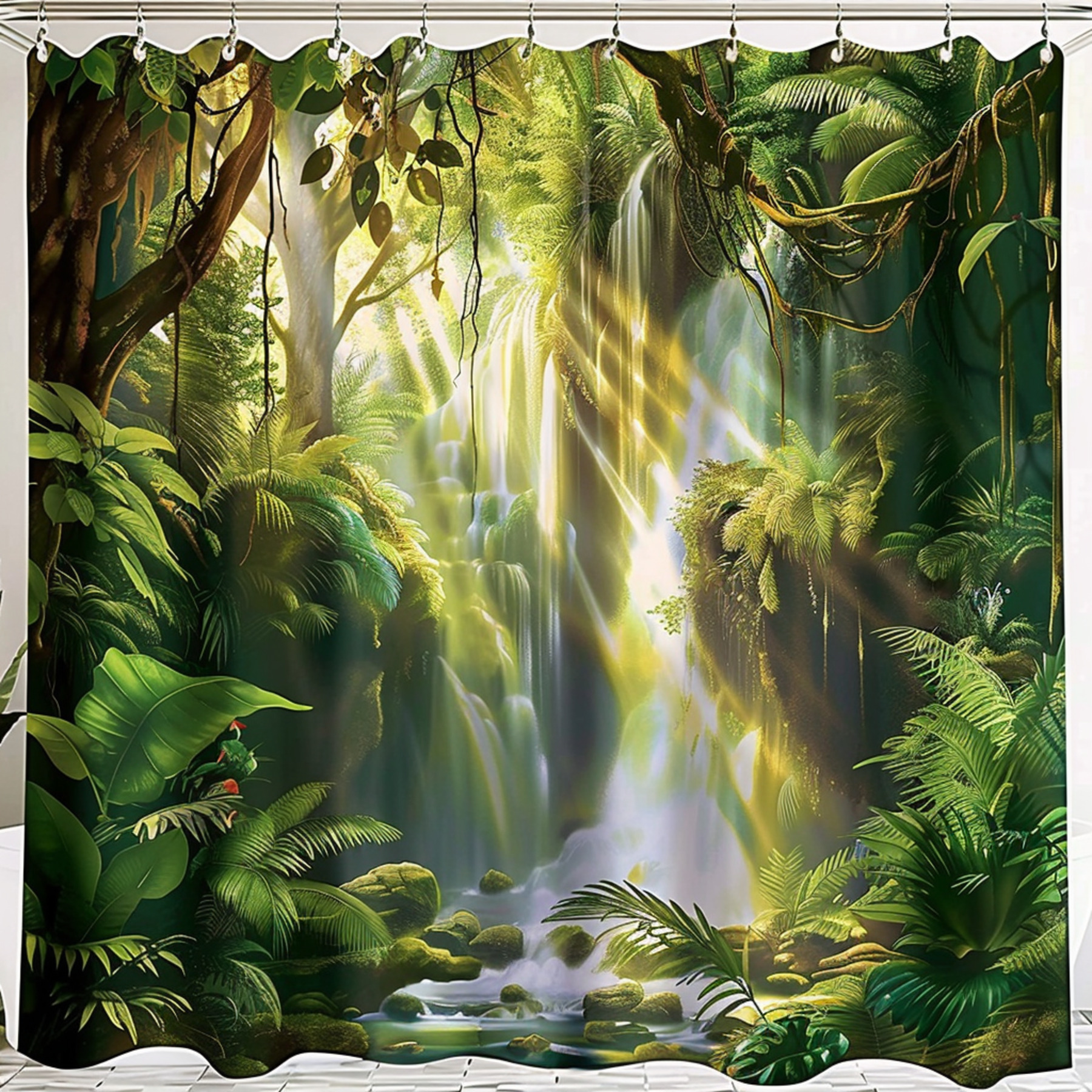 Rainforest Serenity Sunlit Waterfalls Shower Curtain NatureInspired