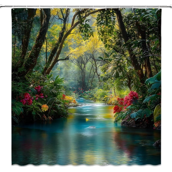Rainforest Shower Curtain Green Jungle Tropical Stream Flowers Tree Botanical Nature Scenery Fabric Bathroom Decor Set with Hooks-72"W x 72"L (Pack of 1)