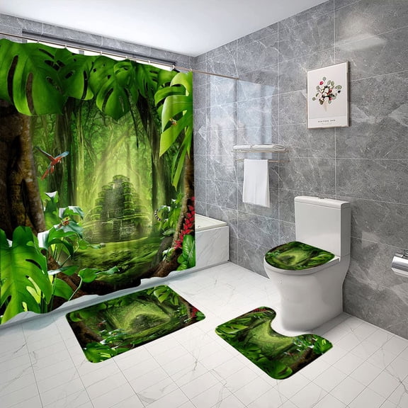 Rainforest Shower Curtain Set Forests Landscapes Spring Fabric Decor Bathroom Curtain Anti Slip Bath Mat Toilet Lid Toilet Lid