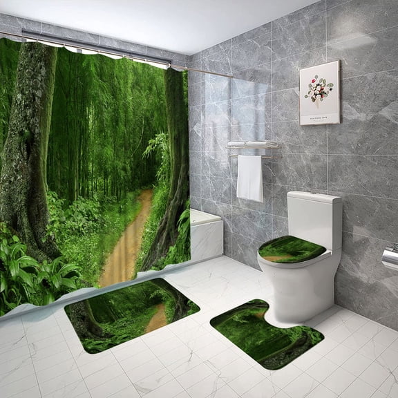 Rainforest Shower Curtain Set Forests Landscapes Spring Fabric Decor Bathroom Curtain Anti Slip Bath Mat Toilet Lid Toilet Lid