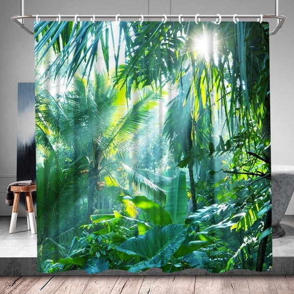 Rainforest Shower Curtain Tropical Jungle Spring Green Tree Palm Tree Sunlight Landscape Summer Nature Theme Polyester Fabric Bathroom Decor Set with Hooks 70W x 70H inch