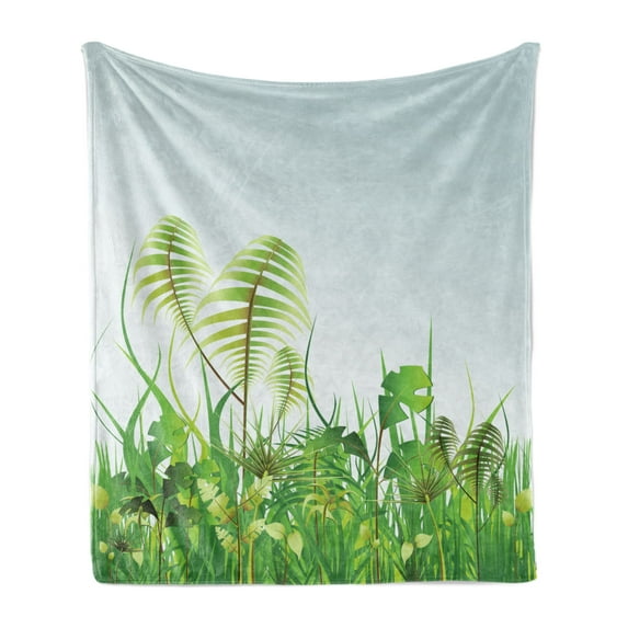 Rainforest Soft Flannel Fleece Blanket, Graphic Plant Landscape at Summertime Natural Grassland Garden Field Theme Print, Cozy Plush for Indoor and Outdoor Use, 70" x 90", Green Blue, by Ambesonne