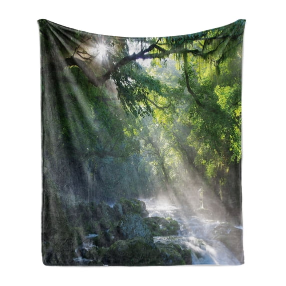 Rainforest Soft Flannel Fleece Blanket, Stream in the Jungle Stones Under Shadows of Trees Sun Rays Mother Earth Theme, Cozy Plush for Indoor and Outdoor Use, 50" x 70", Green White, by Ambesonne