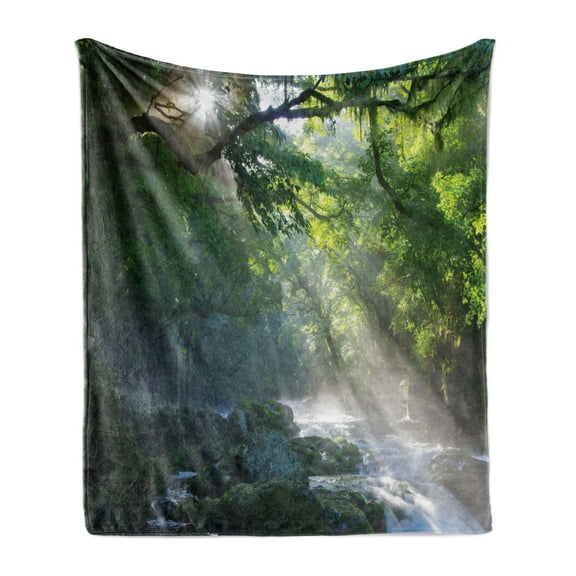 Rainforest Soft Flannel Fleece Blanket, Stream in the Jungle Stones Under Shadows of Trees Sun Rays Mother Earth Theme, Cozy Plush for Indoor and Outdoor Use, 60" x 80", Green White, by Ambesonne