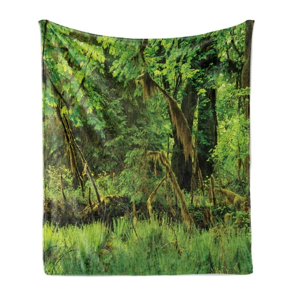 Rainforest Soft Flannel Fleece Blanket, Trees with Moss Natural Paradise Silence in the Wild Nature Relaxation Illustration, Cozy Plush for Indoor and Outdoor Use, 70" x 90", Green, by Ambesonne