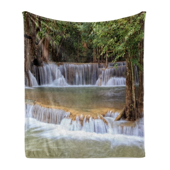 Rainforest Soft Flannel Fleece Blanket, Rainforest Waterfalls in Kanchanaburi Thailand Summer Travel Exotic Lands, Cozy Plush for Indoor and Outdoor Use, 50" x 60", Green Brown Grey, by Ambesonne