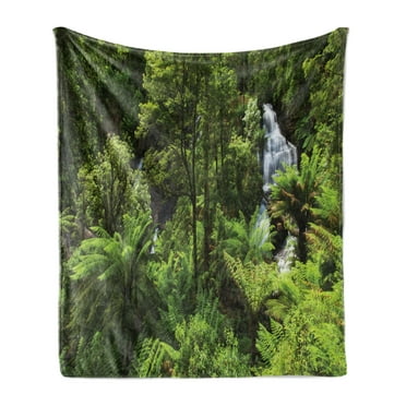 Rainforest Soft Flannel Fleece Throw Blanket, Forest Waterfall River Tourist Attraction Tropical Lands Theme Exotic Print, Cozy Plush for Indoor and Outdoor Use, 50" x 70", Green, by Ambesonne
