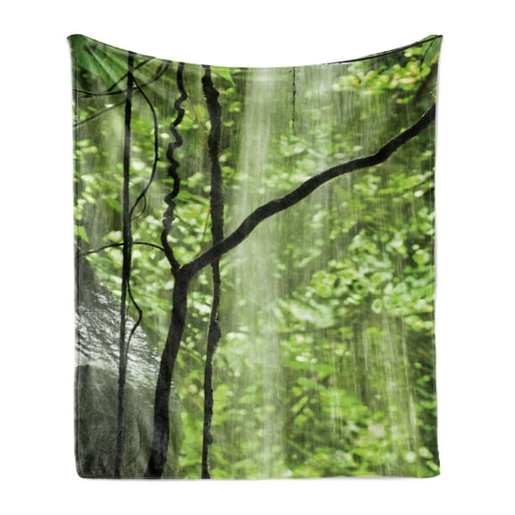 Rainforest Soft Flannel Fleece Throw Blanket, Jungle View with Waterfall Rocks and Trees Natural Beauty in Wild Atmosphere, Cozy Plush for Indoor and Outdoor Use, 50" x 60", Green Brown, by Ambesonne