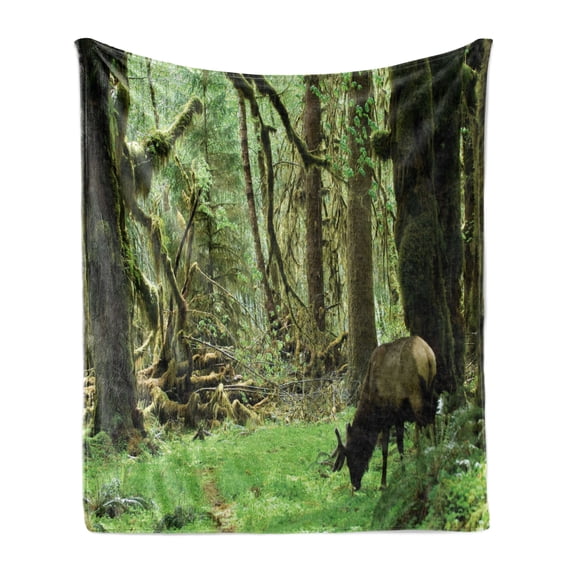 Rainforest Soft Flannel Fleece Throw Blanket, Roosevelt Elk in Rainforest Wildlife National Park Washington Antlers Theme, Cozy Plush for Indoor and Outdoor Use, 60" x 80", Green Brown, by Ambesonne