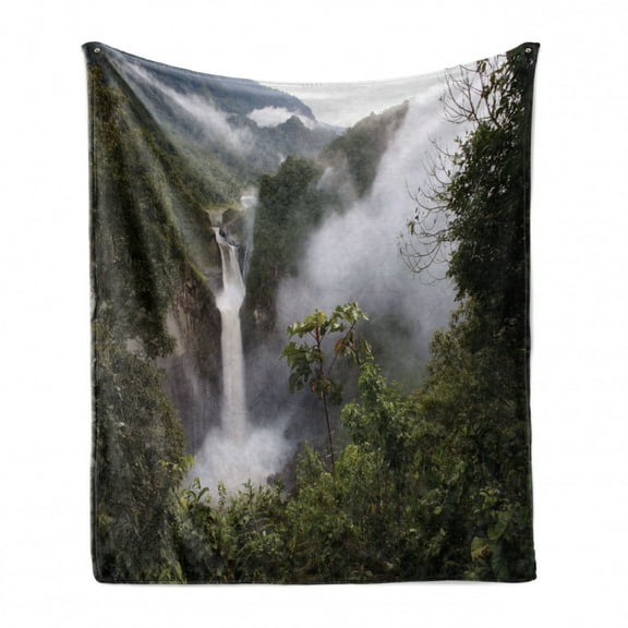 Rainforest Soft Flannel Fleece Throw Blanket, San Rafael Falls Ecuador Misty Natural Waterfall in Jungle Landmark Scene, Cozy Plush for Indoor and Outdoor Use, 50" x 60", Green Grey, by Ambesonne