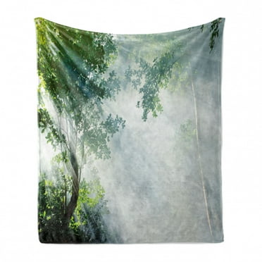 Rainforest Soft Flannel Fleece Throw Blanket, Sunbeam Between Shadows of Trees Idyllic Scenery of Solitude in Jungle Theme, Cozy Plush for Indoor and Outdoor Use, 70" x 90", Green White, by Ambesonne