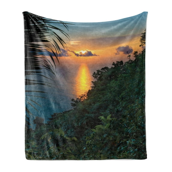 Rainforest Soft Flannel Fleece Throw Blanket, Rainforest Sunrise on Ocean Seaside Hills Tropical Plants Leaves Print, Cozy Plush for Indoor and Outdoor Use, 60" x 80", Green Blue Orange, by Ambesonne