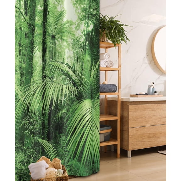 Rainforest Stall Shower Curtain, Palm Trees and Exotic Plants in Tropical Jungle Wild Nature Theme Illustration, Fabric Bathroom Decor Set with Hooks, 36" X 72", Green Forest