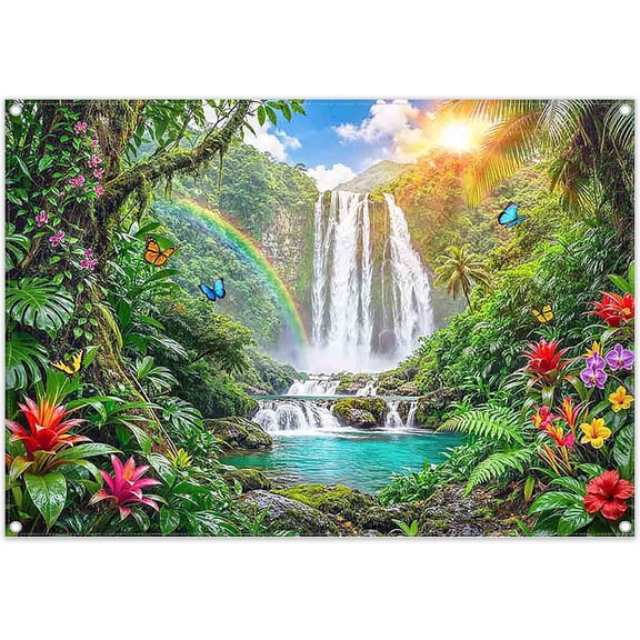 Rainforest Themed Backdrop Summer Tropical Jungle Safari Waterfall Natural Scenery Valley Background School Party Decorations Banner Photo Booth Props