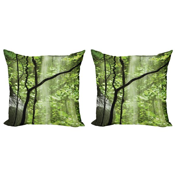 Ambesonne Landscape Throw Pillow Cover 2 Pack, Jungle Waterfall Tree, 16", Green Brown