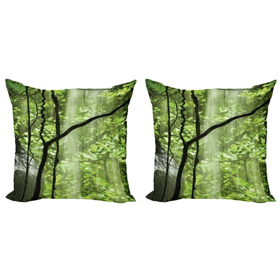 Ambesonne Landscape Throw Pillow Cover 2 Pack, Jungle Waterfall Tree, 16", Green Brown