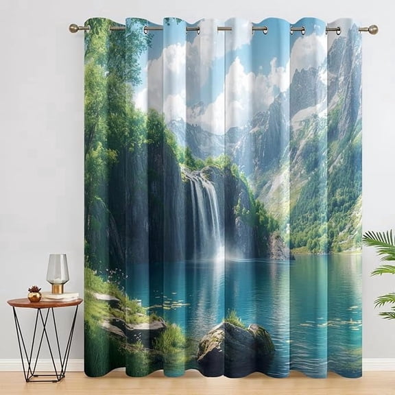 Rainforest Waterfall Curtains, Mountain Landscape Window Curtains, Nature Scenery Blackout Curtains, Thermal Grommet Drapes for Bedroom Living Room 53"W x 96"L (Pack of 2)