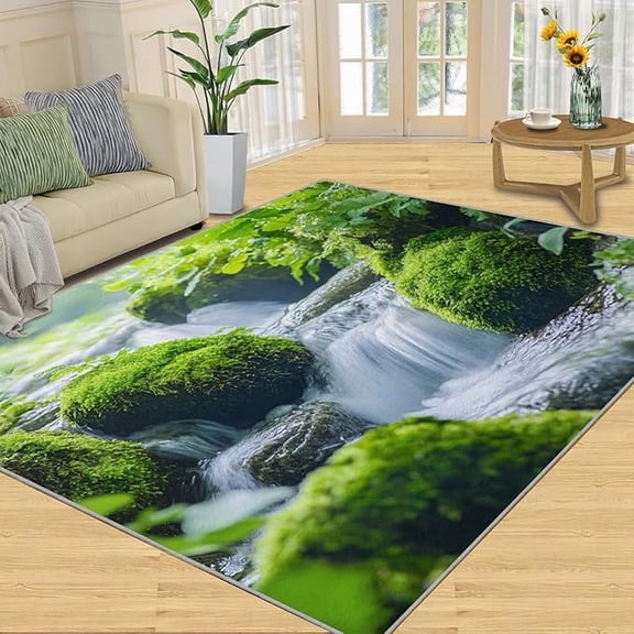 Rainforest Waterfall Rugs for Bedroom, Jungle Stream Area Rug, Natural Scenery Rugs for Living Room, Indoor Non-Slip Rug, Machine Washable Carpet for Front Entrance Floor Decor 5 x 7ft