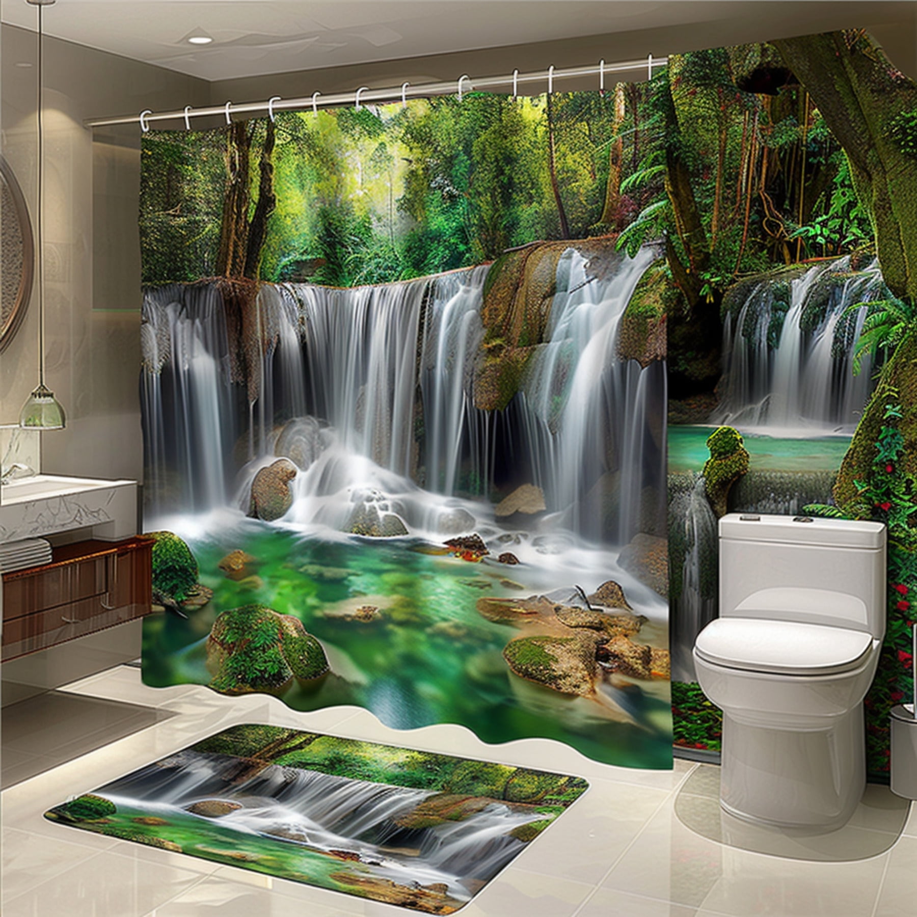 Rainforest Waterfall Shower Curtain Set Nature Landscape Print Bathroom