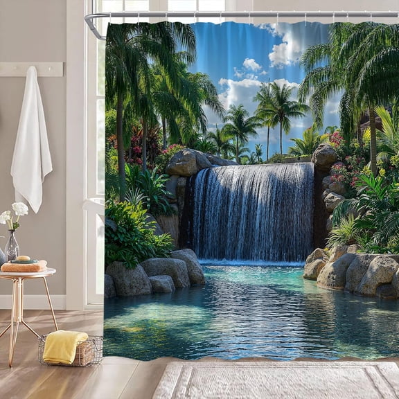 Rainforest Waterfall Shower Curtain Tropical Stone Palm Leaves Trees Nature Scenery Landscape Fabric Bathroom Decor Curtain with Hooks-72"W x 72"L (Pack of 1)