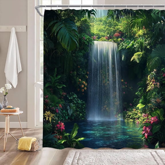 Rainforest Waterfall Shower Curtain Tropical Tree Plant Forest Nature Scenery Landscape Fabric Bathroom Decor Curtain with Hooks-72"W x 78"L (Pack of 1)