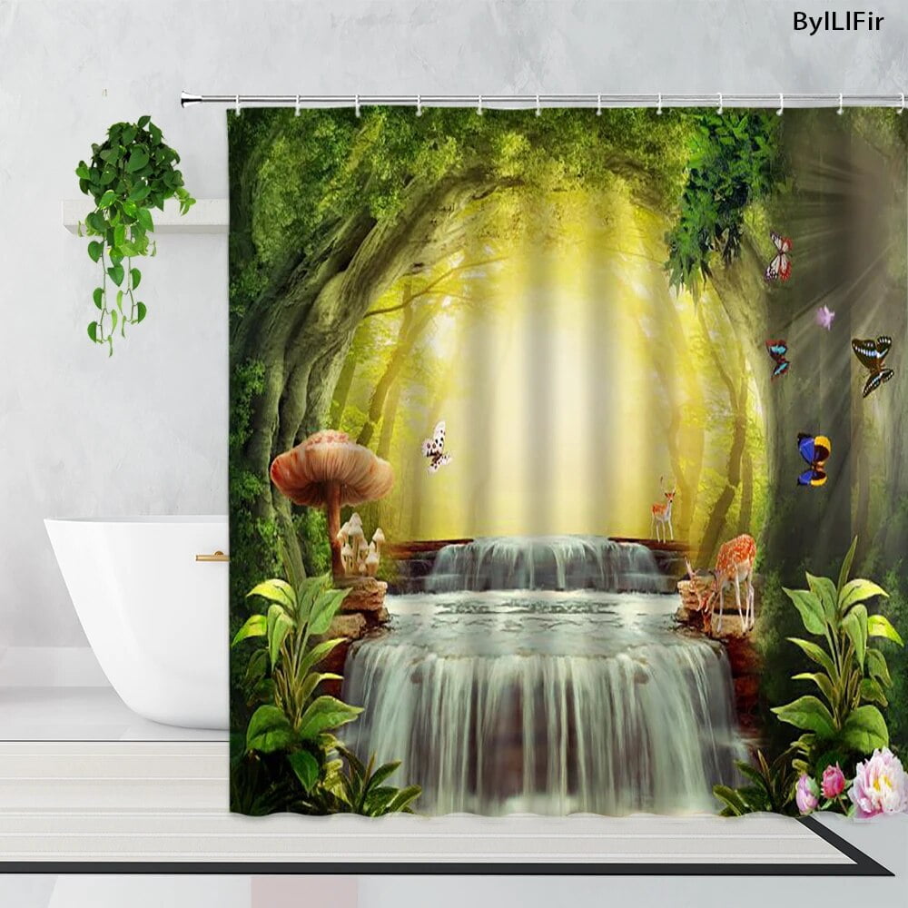 Rainforest Waterfall Shower Curtains Forest Jungle Misty Mountains
