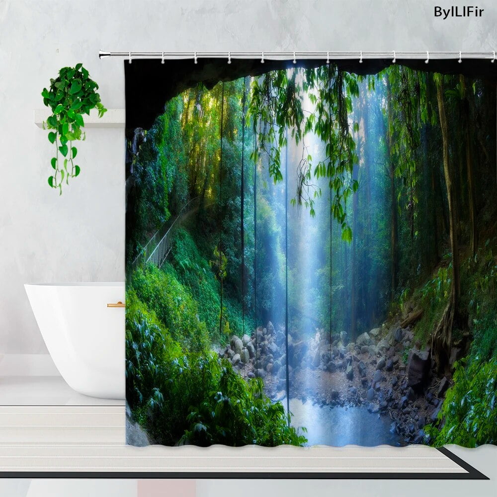 Rainforest Waterfall Shower Curtains Forest Jungle Misty Mountains