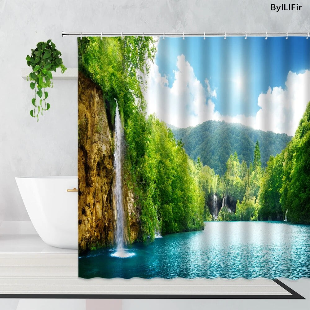 Rainforest Waterfall Shower Curtains Forest Jungle Misty Mountains