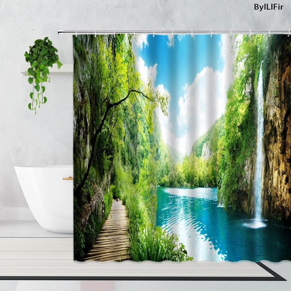Rainforest Waterfall Shower Curtains Forest Jungle Misty Mountains