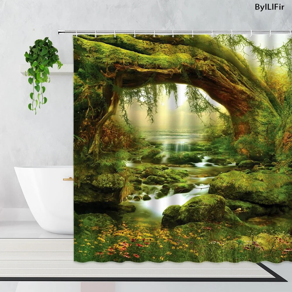 Rainforest Waterfall Shower Curtains Forest Jungle Misty Mountains