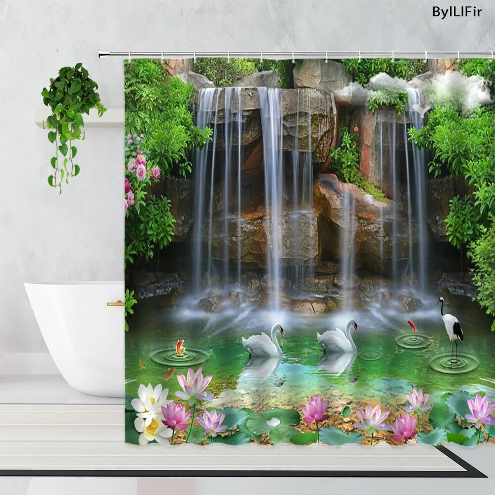 Rainforest Waterfall Shower Curtains Forest Jungle Misty Mountains