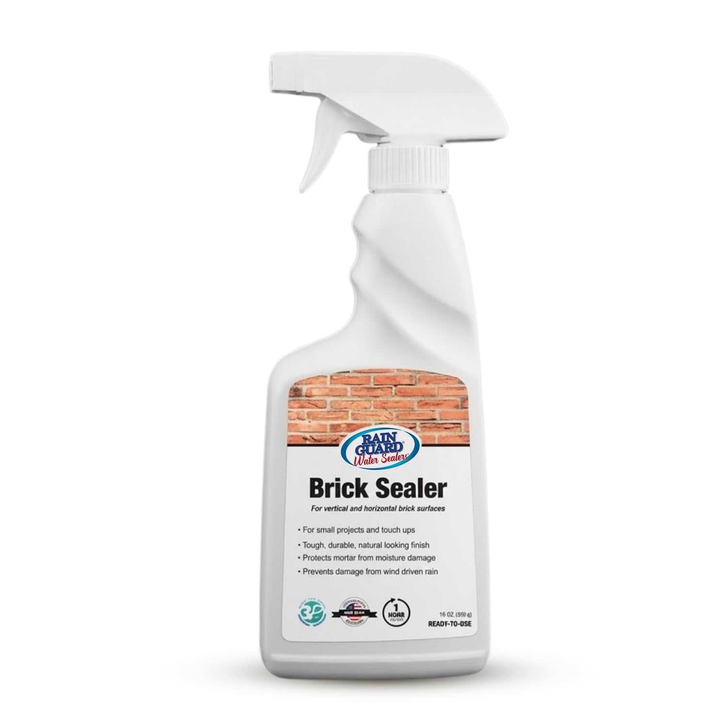 Rainguard Brick Sealer Spray, Penetrating Water-Based Silane Siloxane Waterproofer, Water & Salt Repellent for Brick, Mortar & Masonry, Natural Finish, Ready to Use, 16 Oz