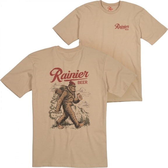 Rainier Beer Sasquatch Backpacking Front and Back Print T-Shirt-Small